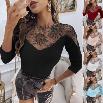 Sexy See-through Lace Spliced Long Sleeve Round Neck Top