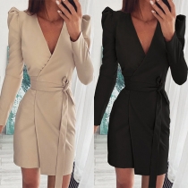 Sexy V-neck Long Sleeve Tie-belt Solid Color Slim Fit Dress