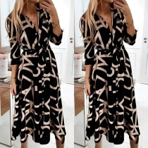 OL Style Long Sleeve V-neck Tie-belt Printed Shirt Dress