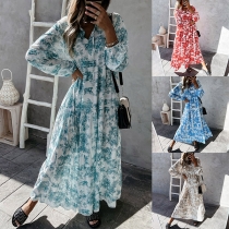 Bohemian Style Long Sleeve V-neck High Waist Printed Maxi Dress