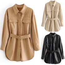 Fashion Solid Color Long Sleeve Drawstring Waist Coat