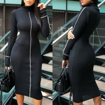 Fashion Contrast Color Long Sleeve Mock Neck Tight Dress