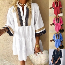 Bohemian Style Tassel Half Sleeve V-neck Contrast Color Loose Dress