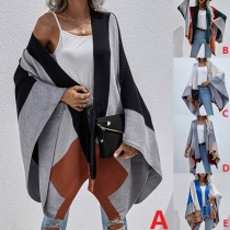 Casual Style Contrast Color Irregular Hem Shawl-style Knit Cardigan