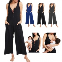 Fashion Sleeveless High Waist Solid Color Multifunctional Lactation Jumpsuit