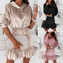 Sweet Style Long Sleeve Ruffle Hem Elastic Waist Hooded Dress