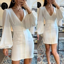 Sexy Deep V-neck Lantern Sleeve Slim Fit Pearl Dress