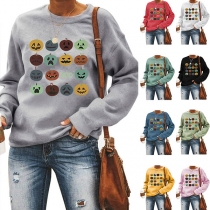 Playful Style Long Sleeve Round Neck Pumpkin Face Pattern Sweatshirt
