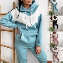 Fashion Contrast Color Long Sleeve Hooded Sweatshirt + Pants Sports Suit