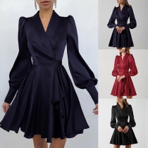 OL Style Lantern Sleeve  V-neck High Waist Solid Color Dress