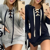 Fashion Solid Color Lace-up Neckline Slit Hem Sweatshirt Dress