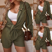 Fashion Solid Color Long Sleeve Knotted Hem Top + Shorts Two-piece Set