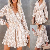 Sexy Deep V-neck Long Sleeve High Waist Cake Hem Lace Dress
