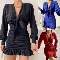 Sexy Knotted Deep V-neck Ruffle Hem Long Sleeve Wrinkled Dress