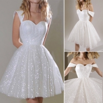 Sexy Backless Square Collar High Waist Sequin Princess Dress （Size Run Big）