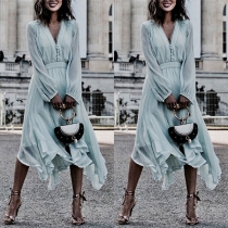 Sexy V-neck Long Sleeve High Waist Irregular Hem Solid Color Dress