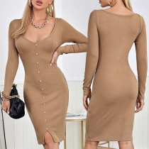 Sexy Slit Hem Long Sleeve V-neck Front-button Slim Fit Knit Dress