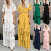 Sexy Deep V-neck Short Sleeve High Waist Embroidery Lace Dress