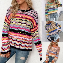 Fashion Long Sleeve Round Neck Rainbow Stripe Knit Sweater