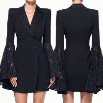 OL Style Lace Spliced Trumpet Sleeve Double-breasted Slim Fit Suit Dress