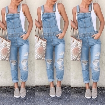 Casual Style High Waist Slim Fit Ripped Denim Overalls