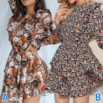 Fresh Style Long Sleeve Round Neck High Waist Printed Cake Dress