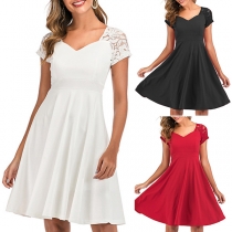 Sexy Lace Spliced Short Sleeve V-neck High Waist Solid Color Dress