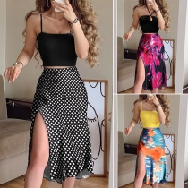 Sexy Backless Halter Crop Top + High Waist Slit Hem Printed Skirt Two-piece Set