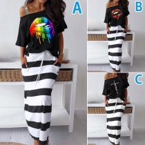 Sexy Off-shoulder Short Sleeve T-shirt + Stripe Skirt Two-piece Set