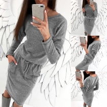 Casual Style Long Sleeve Round Neck Drawstring Waist Dress
