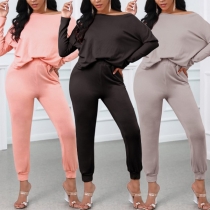 Casual Style Long Sleeve Round Neck Loose T-shirt + Pants Two-piece Set