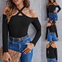 Sexy Off-shoulder Long Sleeve Solid Color Crossover Halter Knit Top