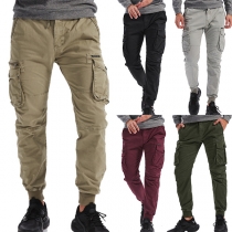 Casual Style Solid Color Middle Waist Side-pocket Man's Pants