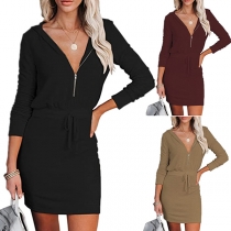 Fashion Solid Color Zipper V-neck Drawstring Waist Hooded Dress