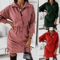 OL Style Long Sleeve POLO Collar Side-drawstring Solid Color Shirt Dress