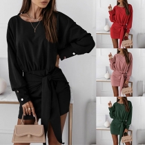 Fashion Solid Color Lantern Sleeve Round Neck Lace-up Dress