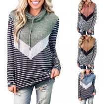 Fashion Contrast Color Long Sleeve Drawstring Cowl Neck Stripe Sweatshirt