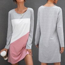 Casual Style Long Sleeve Round Neck Contrast Color T-shirt