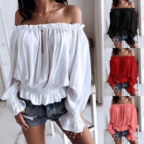 Sweet Style Boat Neck Elastic Ruffle Hem Long Sleeve Solid Color Top