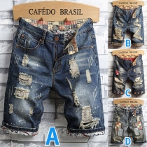 Retro Style Middle Waist Ripped Slim Fit Knee-length Denim Shorts for Man