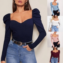 Sexy Puff Sleeve Square Collar Solid Color Slim Fit T-shirt