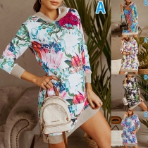 Casual Style Long Sleeve Hooded Colorful Printed Sweatshirt Dress