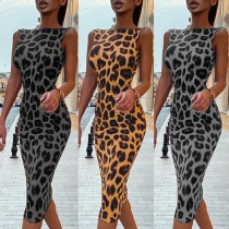 Fashion Sleeveless Round Neck Slim Fit Leopard Printed Tank Dress