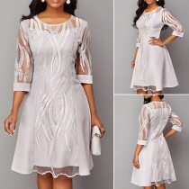 Fashion 3/4 Sleeve Round Neck Gauze Spliced Embroidered A-line Dress