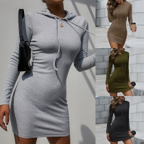 Simple Style Long Sleeve Hooded Solid Color Slim Fit Dress