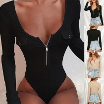 Sexy Zipper V-neck Long Sleeve Solid Color Bodysuit