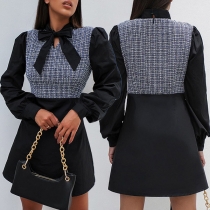 Sweet Style Lace-up Bow-knot Collar Long Sleeve Plaid Spliced A-line Dress