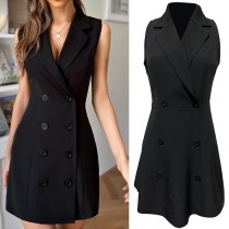 Elegant Solid Color Sleeveless Notched Lapel Double-breasted Dress