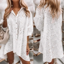 Fashion Half Sleeve POLO Collar Single-breasted Hollow Out Shirt