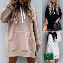 Casual Style Long Sleeve Side Slit Hem Loose Hooded Sweatshirt Hoodies